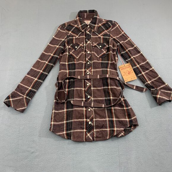 True Religion Dress Size XS Rocky Plaid Dress Pearl Snap Cowgirl Belted - Picture 1 of 16